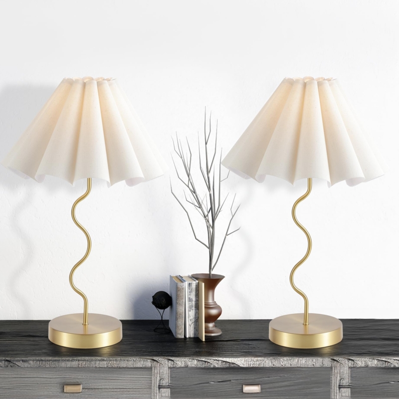 Table Lamp Polished Gold Slender Stem Pleated Shade Modern Lighting