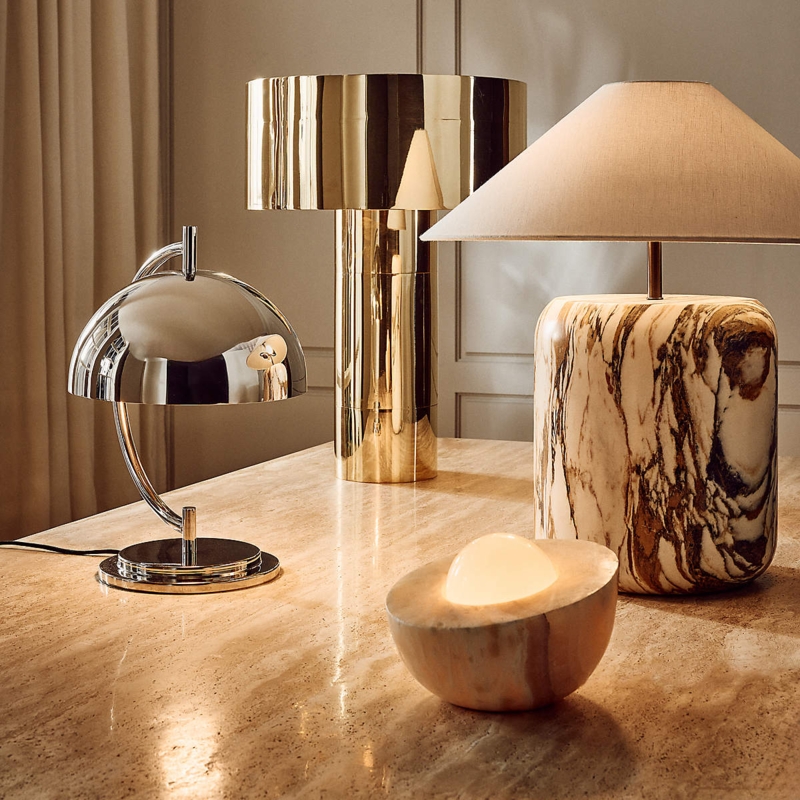 Table Lamp Polished Nickel Finish Dome Shade Sculptural Metal