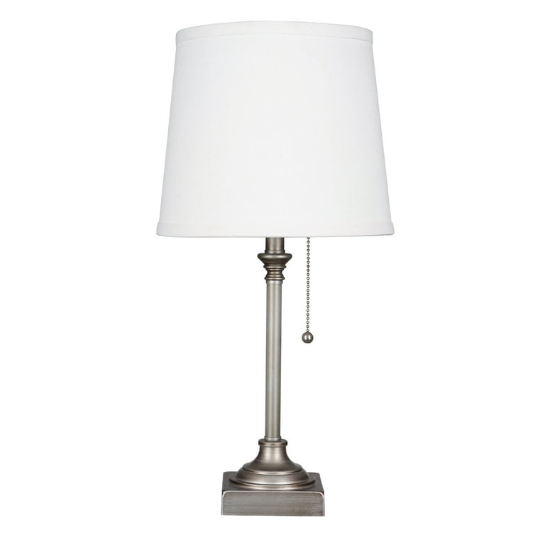 Table Lamp Polished Silver Metal Base White Drum Shade Pull Chain