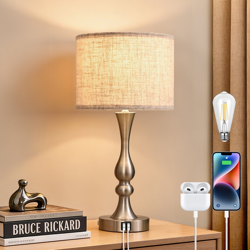 Table Lamp Polished Urn Base Touch Control USB Port Linen Shade