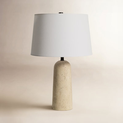 Table Lamp Porous Stone Base Linen Shade Pull Chain Switch