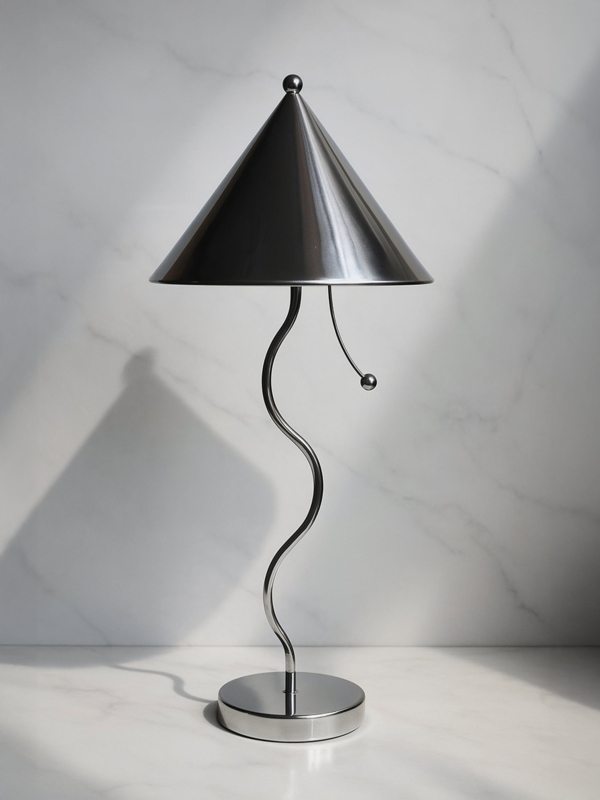 Table Lamp Postmodern Sculptural Wavy Polished Base White Shade