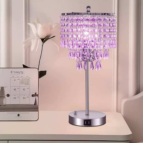 Table Lamp Purple Crystal Fill Chrome USB Port Glam Design