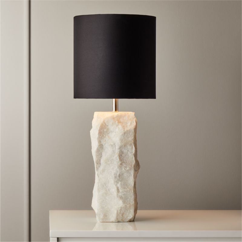 Table Lamp Raw Textured Stone Base Cylindrical Silhouette White Shade