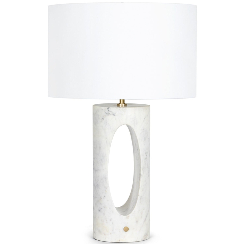 Table Lamp Rectangular Stone Block Base Tapered Drum Shade White Grey
