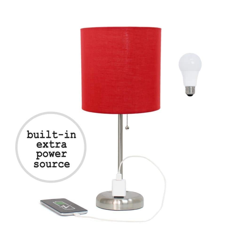 Table Lamp Red Drum Shade Integrated Base Outlet Brushed Silver