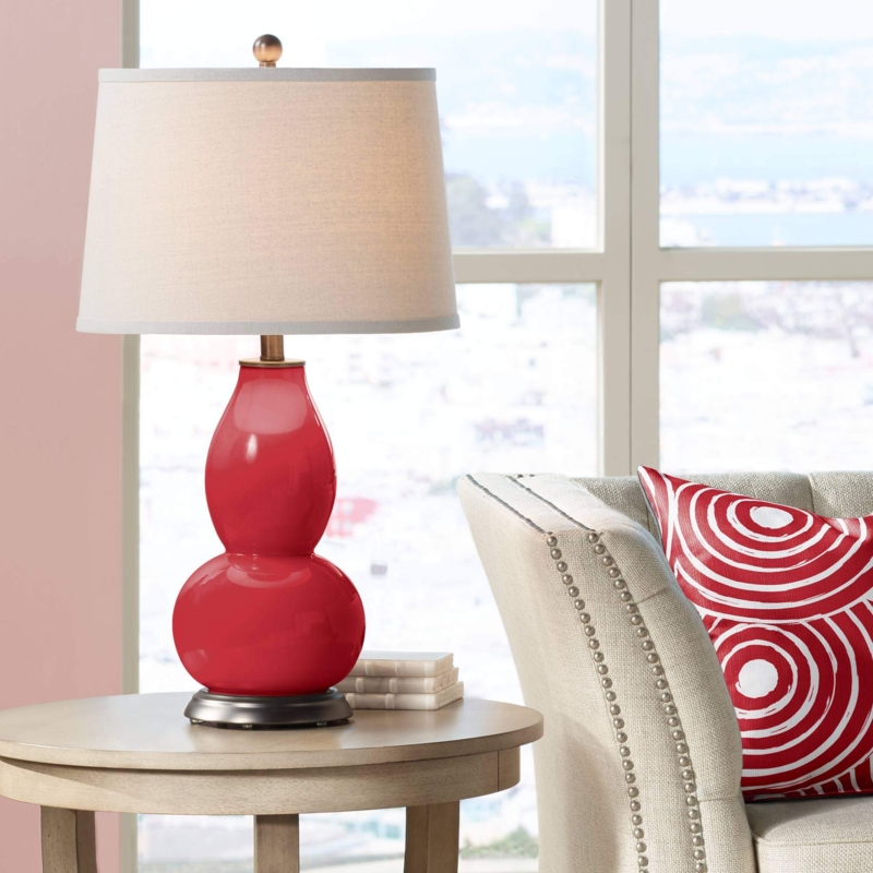 Table Lamp Red Glass Double Gourd Base Tapered Drum Shade