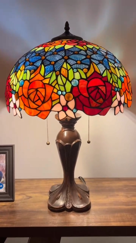 Table Lamp, Relief Carved Base, Rose Stained Glass, Domed Shade