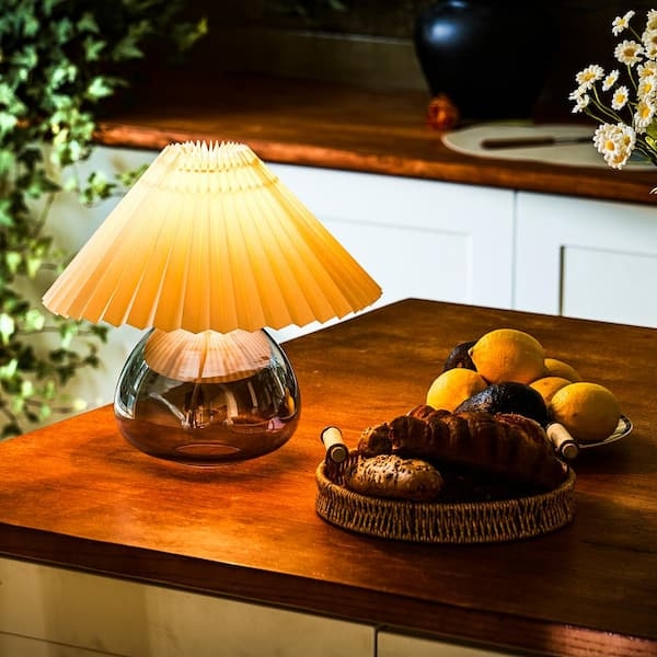 Table Lamp: Retro Gray Pleated Empire Shade with Polished Silver Base