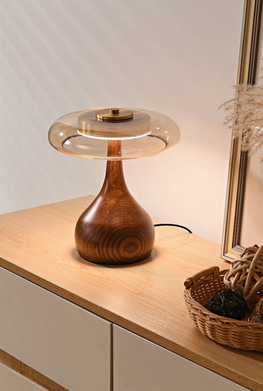 Table Lamp Retro Green Ribbed Glass Shade Wood Base Pull Chain