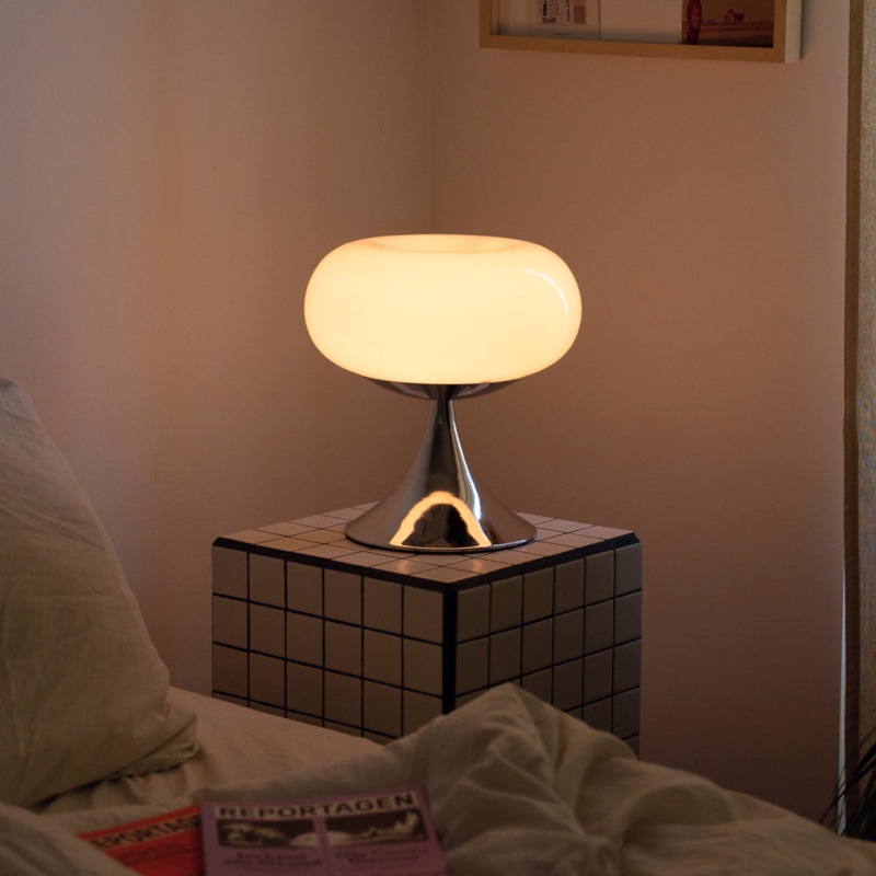 Table Lamp: Retro Mid-Century Pink Glass-Like Donut Shape with Chrome Base