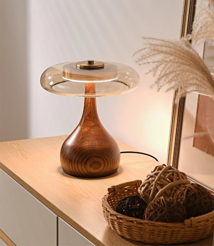 Table Lamp: Retro Ribbed Frosted Glass Shade with Wood-Toned Base