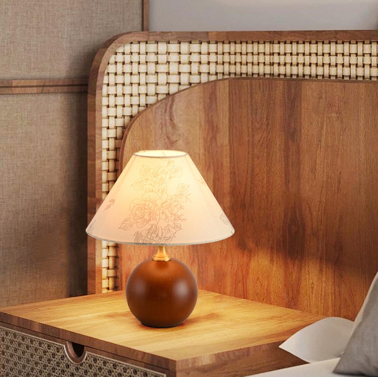 Table Lamp Retro Wood Ball Base Floral Pattern Conical Shade