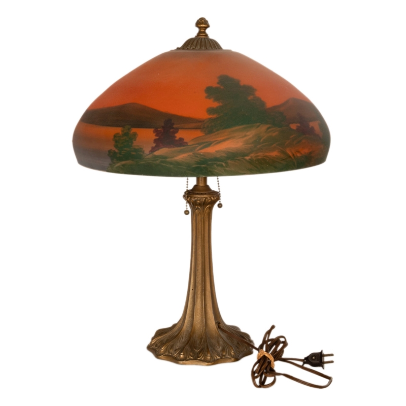 Table Lamp Reverse Painted Glass Landscape Shade Bronze Base Antique