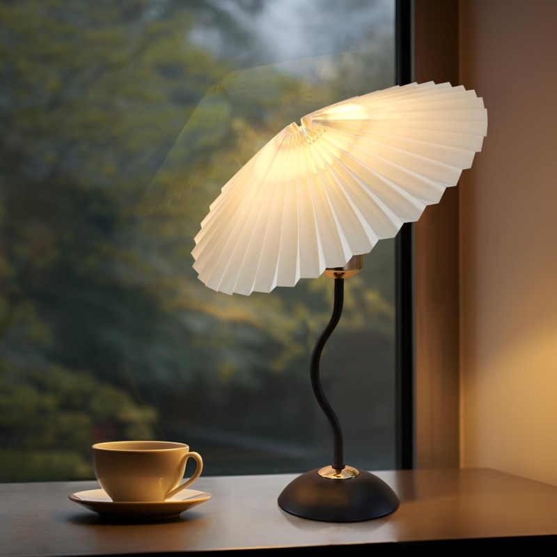 Table Lamp Ribbed Ceramic Base Pleated Shade Wabi Sabi Bedroom Decor