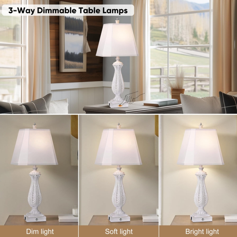 Table Lamp Ribbed Ceramic Base USB Port Transitional Nightstand Lamp