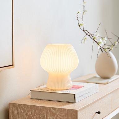 Table Lamp Ribbed Glass Base Gold Accents Transitional Bedside Lamp
