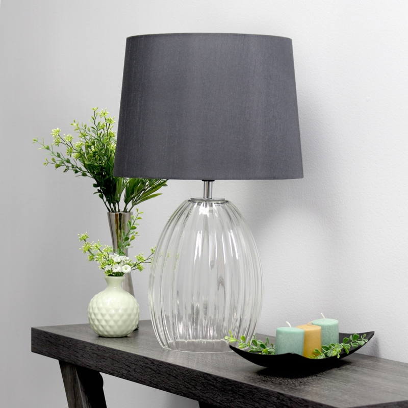 Table Lamp Ribbed Glass Base Modern Farmhouse Charcoal Shade