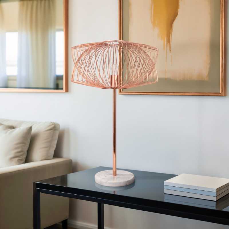 Table Lamp Rose Gold Metal Cage Shade Dual Layer Modern