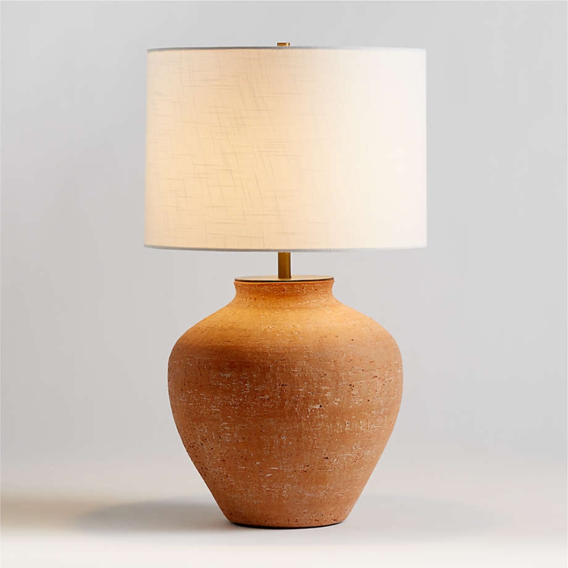 Table Lamp, Rounded Terracotta Base, Earthy Style, White Drum Shade
