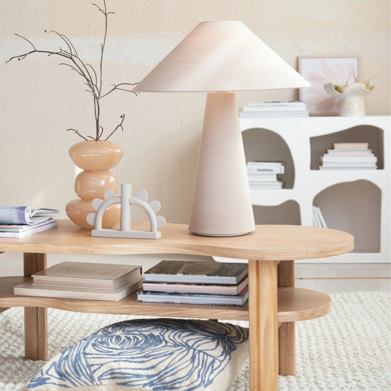 Table Lamp Rounded Textured Charcoal Base Linen Drum Shade Earthy