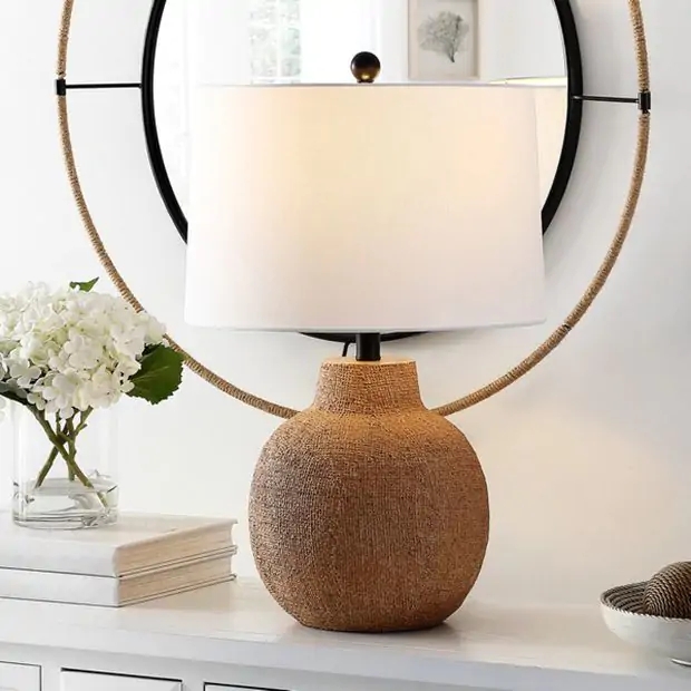 Table Lamp, Rustic Distressed Gray Ceramic Amphora Base with Handles