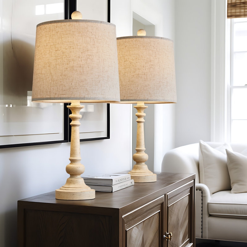 Table Lamp: Rustic Farmhouse Textured Beige Resin Globular Base