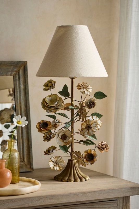 Table Lamp Rustic Floral Iron Weathered Patina Leaf Accents Bronze