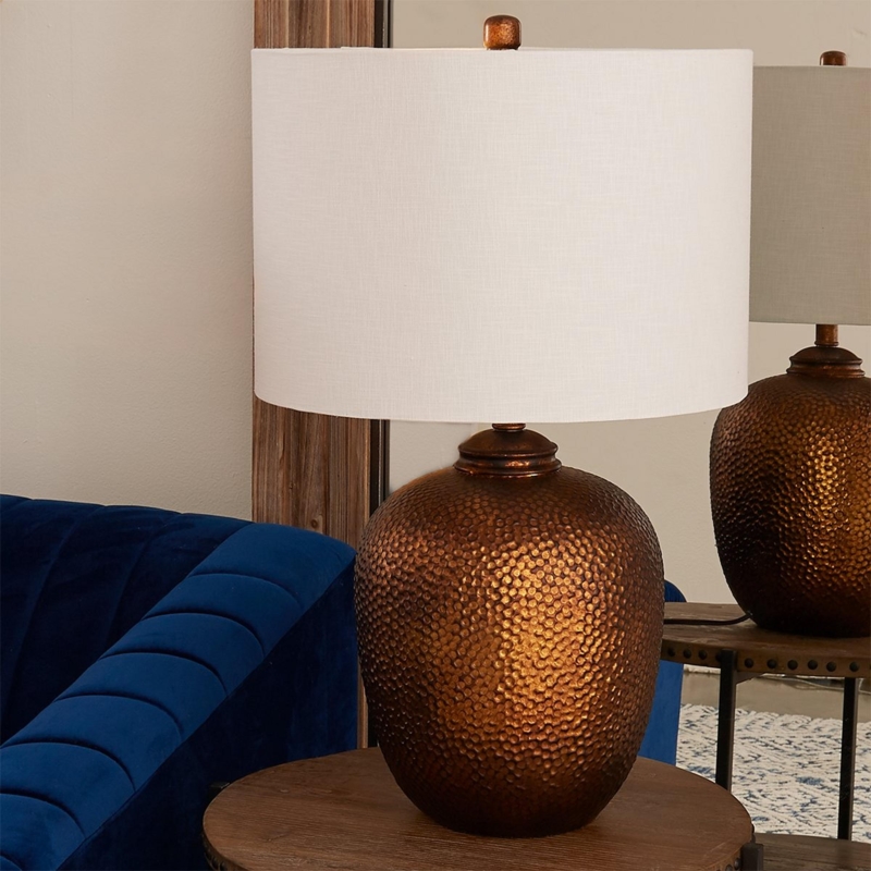 Table Lamp: Rustic Hammered Metal with Tapered Drum Shade