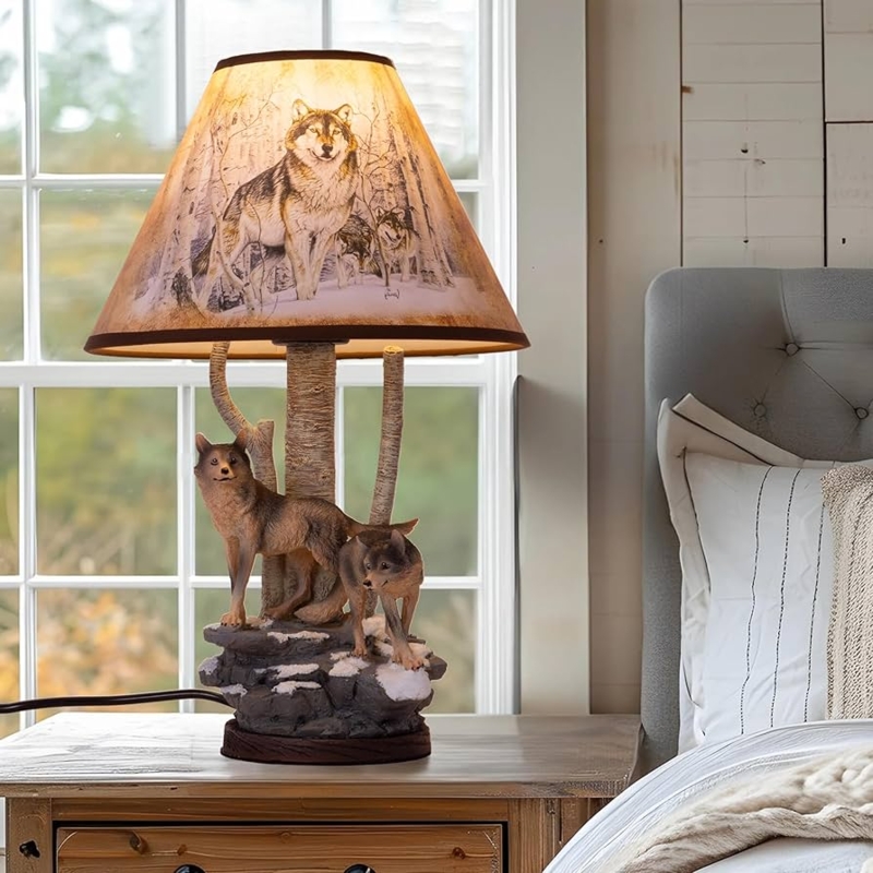Table Lamp: Rustic Howling Wolf Base, Silhouette Shade, Antique Bronze.