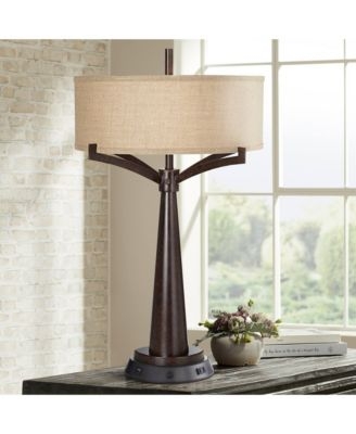 Table Lamp Rustic Industrial Burlap Drum Shade Bronze Metal USB Port