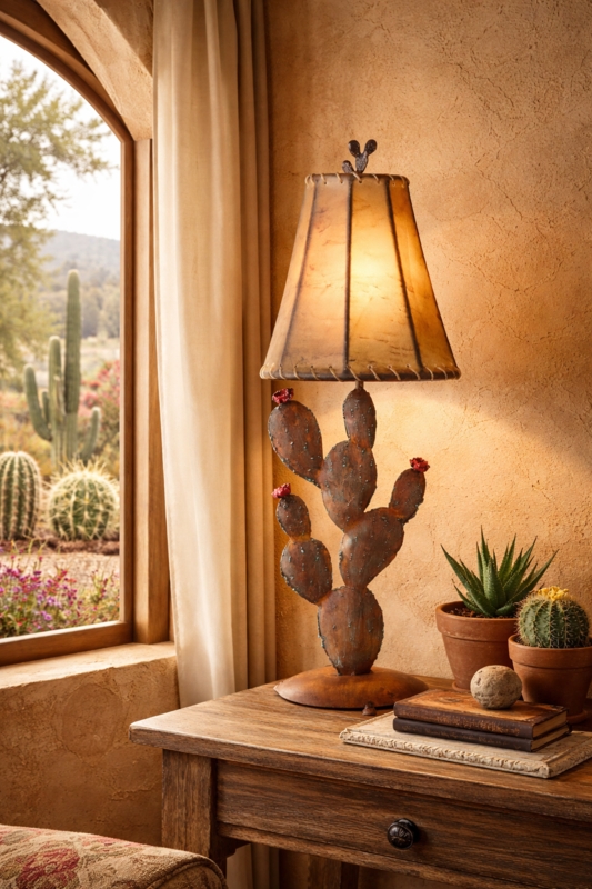 Table Lamp Rustic Iron Cactus Silhouette Distressed Finish Western
