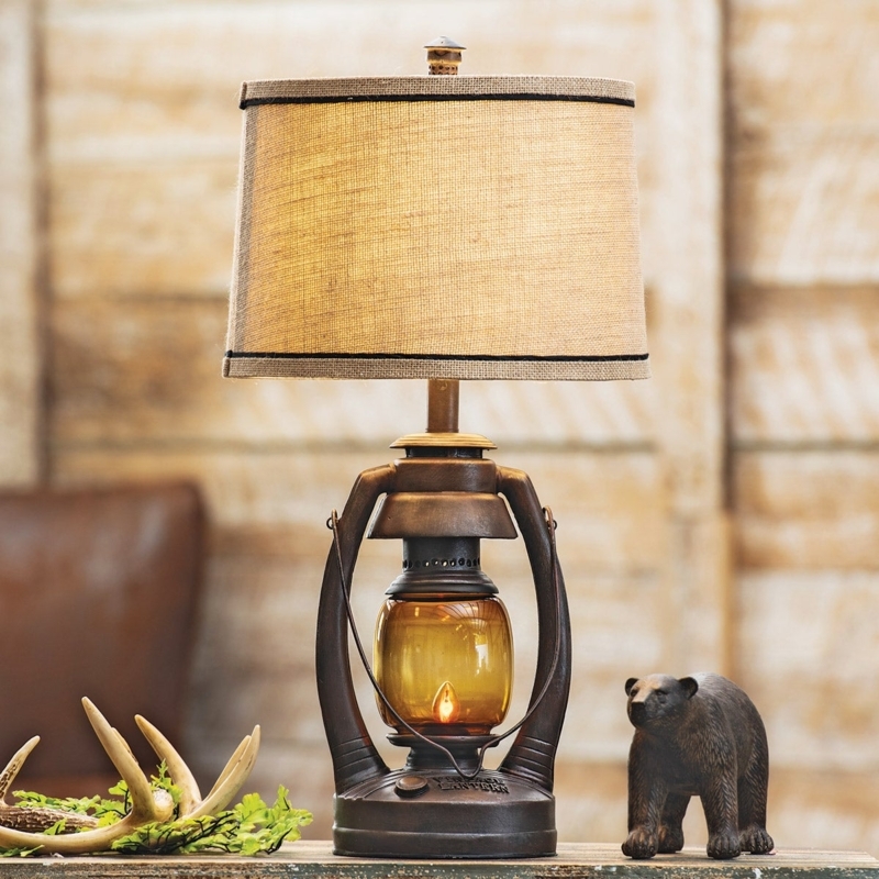 Table Lamp Rustic Lantern Antique Bronze Tiered Wood Base