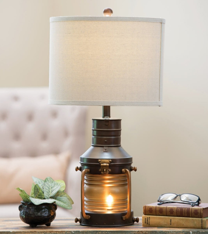 Table Lamp Rustic Lantern Nightlight Copper Finish Fabric Shade