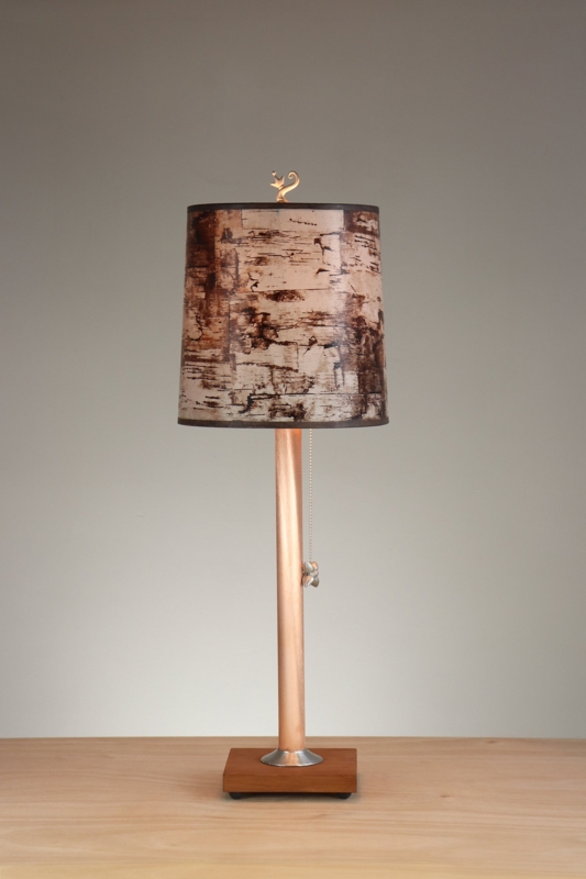 Table Lamp: Rustic Mixed Material Base with Real Birch Bark Drum Shade