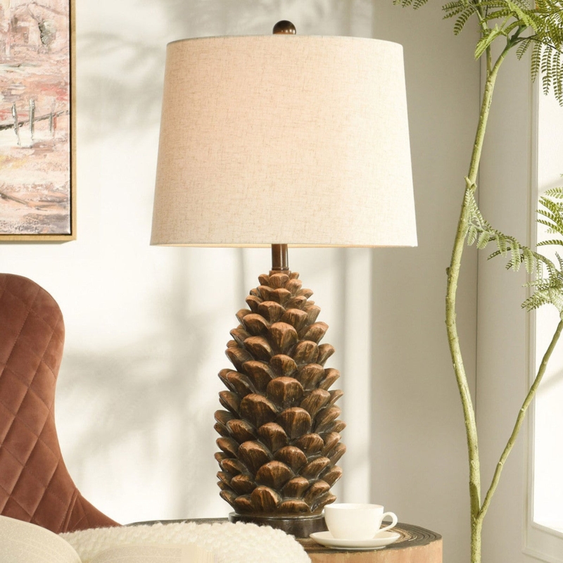 Table Lamp Rustic Pinecone Base Whipstitch Edge Shade Cabin Decor