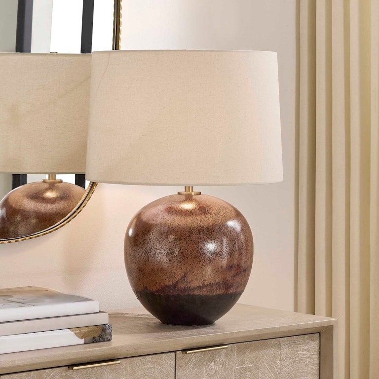 Table Lamp Rustic Ribbed Ceramic Rust Brown Finish Tall Drum Shade