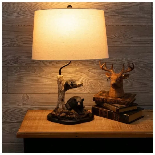 Table Lamp: Rustic Sculpted Bear Figures, Wood Textured Base, Lodge Style.