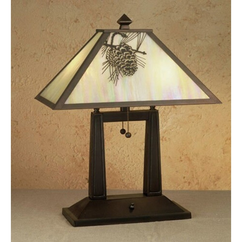 Table Lamp Rustic Stained Glass Oblong Shade Pinecone Base Lodge Style