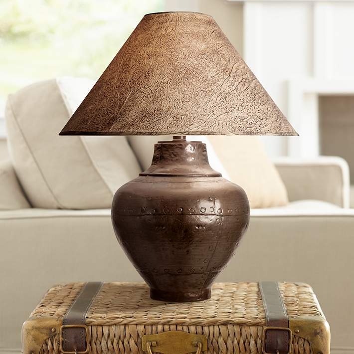 Table Lamp: Rustic Urn Silhouette with Distressed Metallic Patina