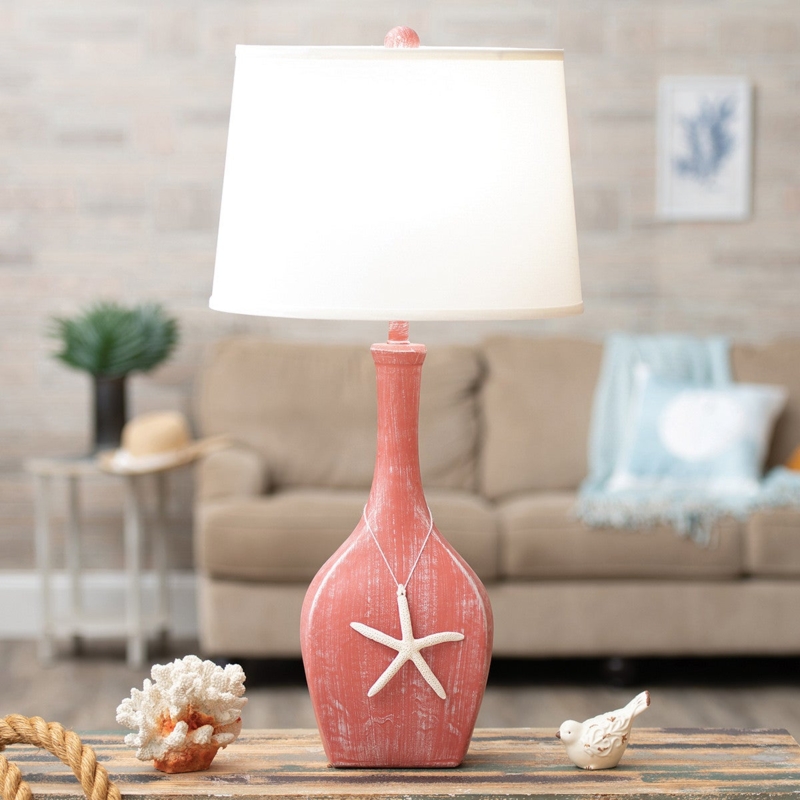 Table Lamp Salmon Pink Starfish Base Rectangular Drum Shade