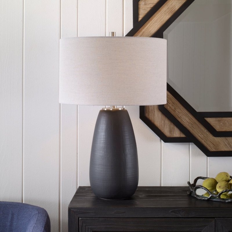 Table Lamp: Satin Finish Stacked Geometric Base with Rectangular Shade