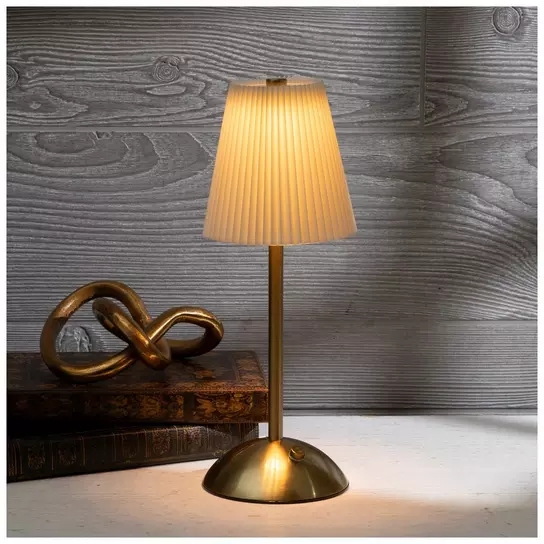Table Lamp Satin Gold Cylindrical Base Pleated Shade Glam LED Lighting