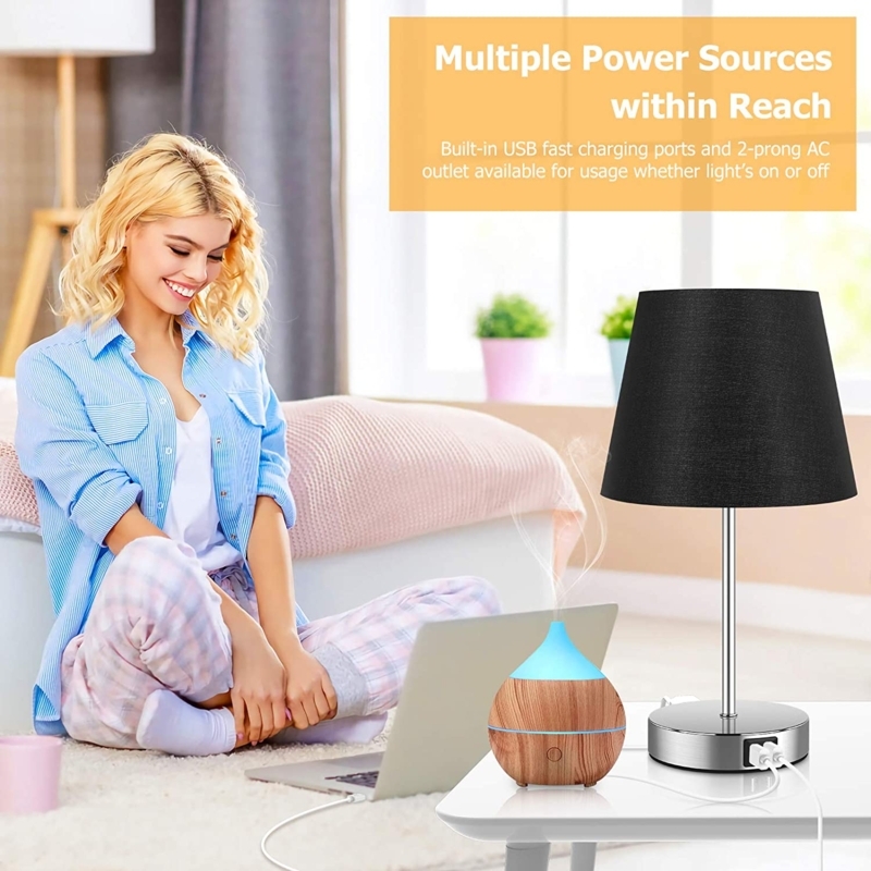 Table Lamp Satin Nickel Finish Black Drum Shade USB Ports