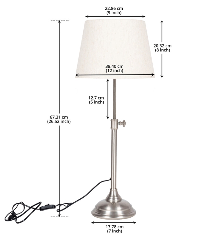 Table Lamp Satin Nickel Finish Telescopic Neck Off-White Drum Shade