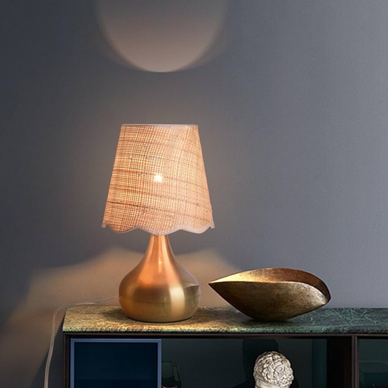 Table Lamp Scalloped Rattan Shade Mini Gold Base Boho Bedside Styling