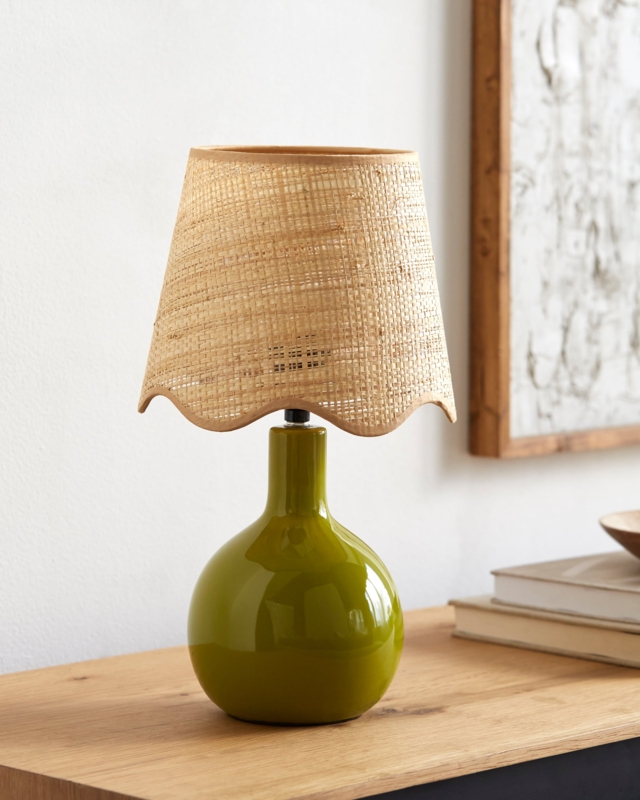 Table Lamp Scalloped Shade Vibrant Green Ceramic Oval Droplet Base