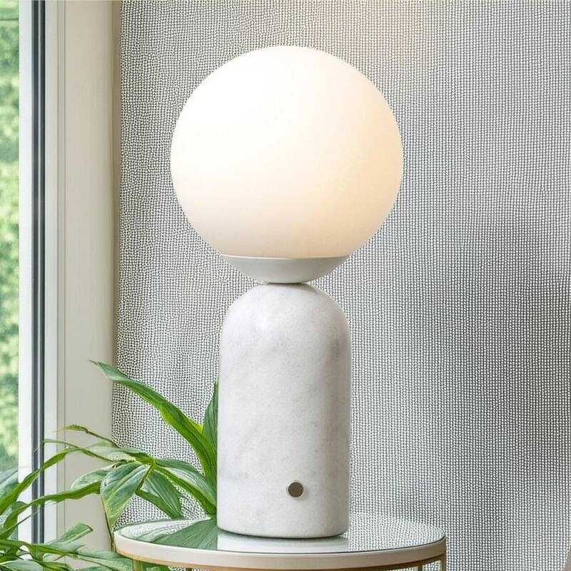 Table Lamp Scandi Matte White Spherical Globe Wood Toned Accent Ring
