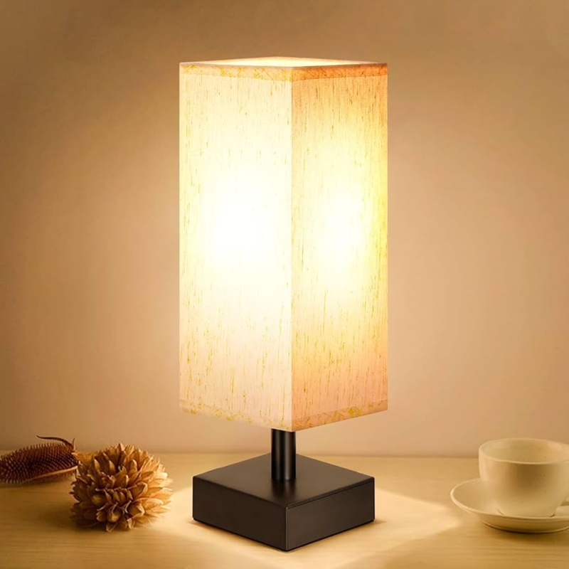 Table Lamp Scandinavian Wood Block Base Square Fabric Shade
