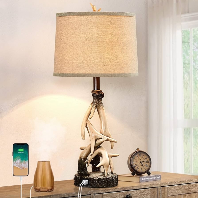 Table Lamp, Sculpted Antler Base, Rectangular Shade, USB Charging Port